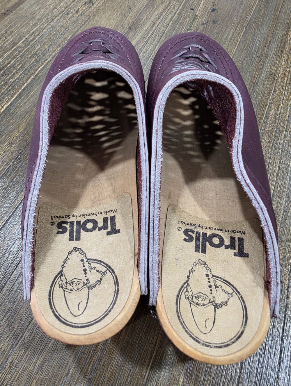 TROLLS By Samhall Burgundy Leather & Wood Sweden Clogs Size 37 - Picture 5 of 13